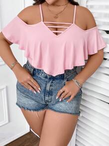 SHEIN Unity Hơn Vai lạnh Cắt ra Áo liền quần chặt - Hồng - Xem 3