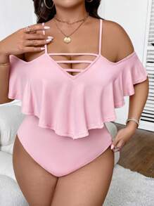 SHEIN Unity Hơn Vai lạnh Cắt ra Áo liền quần chặt - Hồng - Xem 4