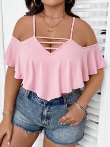 SHEIN Unity Hơn Vai lạnh Cắt ra Áo liền quần chặt - Hồng - Xem 7