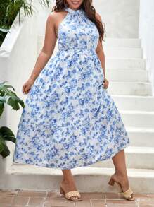 SHEIN VCAY Plus Allover Floral Print Halter Neck Belted Dress - Blue and White - View 3