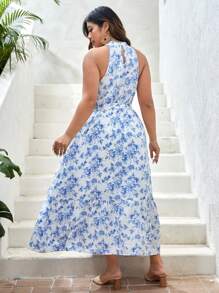 SHEIN VCAY Plus Allover Floral Print Halter Neck Belted Dress - Blue and White - View 2