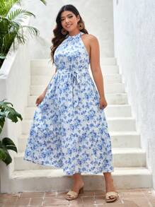 SHEIN VCAY Plus Allover Floral Print Halter Neck Belted Dress - Blue and White - View 5