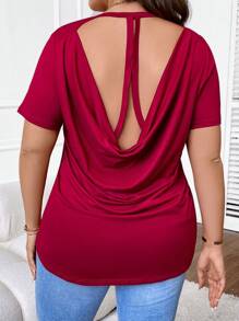 SHEIN LUNE Talla grande Camiseta unicolor con fruncido de espalda abierta - Burdeos - Ver 1