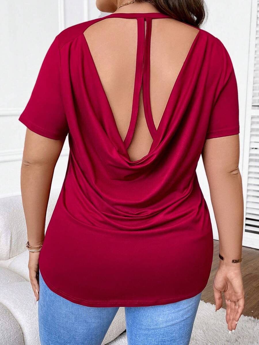 SHEIN LUNE Talla grande Camiseta unicolor con fruncido de espalda abierta - Burdeos - Ver 1