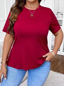 SHEIN LUNE Talla grande Camiseta unicolor con fruncido de espalda abierta - Burdeos - Ver 2