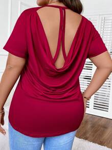SHEIN LUNE Talla grande Camiseta unicolor con fruncido de espalda abierta - Burdeos - Ver 3