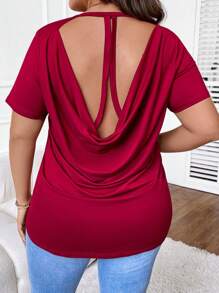 SHEIN LUNE Talla grande Camiseta unicolor con fruncido de espalda abierta - Burdeos - Ver 4