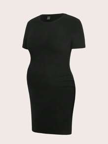 Modmama Maternity Casual Everyday Commute Solid Color Short Sleeve Fitted Dress - Black - View 5