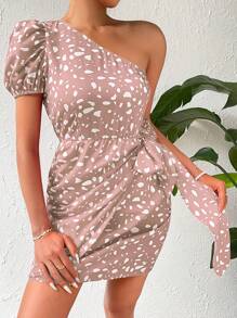 SHEIN VCAY Vestido bajo cruzado con estampado de un hombro con nudo lateral - Rosa vieja - Ver 5