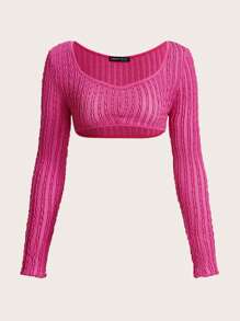 SHEIN ICON 素色木耳邊短款上衣 - 玫紅色 - 查看 1