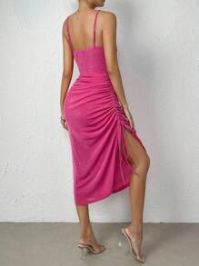 Allurite Twist Front Split Thigh Cami Dress - Hot Pink - View 3