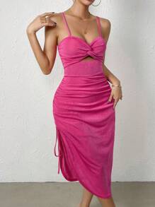 Allurite Twist Front Split Thigh Cami Dress - Hot Pink - View 4