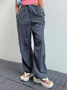 DAZY 抽绳腰斜口袋裤，秋装 - 深灰色 - 查看 1