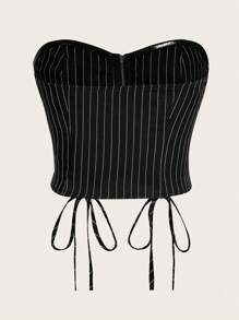 SHEIN ICON Áo nữ Ren lên Dây kéo Thùa khuyết Sọc Giải trí - màu đen - Xem 2