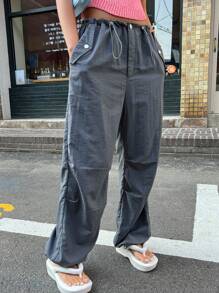 DAZY 抽绳腰斜口袋裤，秋装 - 深灰色 - 查看 10