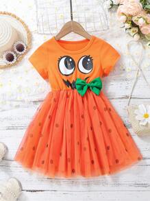 SHEIN 女小童卡通圖案前蝴蝶結網紗覆蓋洋裝 - 橘色 - 查看 1