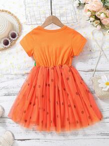 SHEIN 女小童卡通圖案前蝴蝶結網紗覆蓋洋裝 - 橘色 - 查看 2