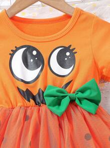 SHEIN 女小童卡通圖案前蝴蝶結網紗覆蓋洋裝 - 橘色 - 查看 4
