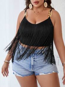 SHEIN VCAY Hơn Viền rìa Cami ngọn - màu đen - Xem 1