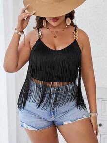 SHEIN VCAY Hơn Viền rìa Cami ngọn - màu đen - Xem 5