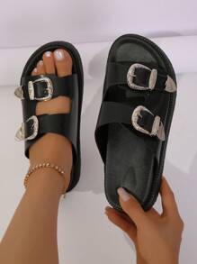 女士搭扣裝飾涼拖,時尚涼鞋 - 黑色 - 查看 1
