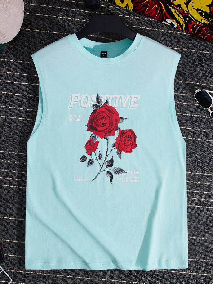 Manfinity Hypemode Men Cotton Floral & Letter Graphic Tank Top - Baby Blue - View 1