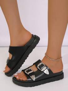 女士搭扣裝飾涼拖,時尚涼鞋 - 黑色 - 查看 3