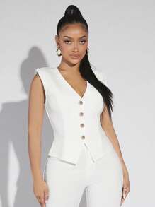 SHEIN SXY 前紐扣墊肩馬甲西裝外套 - 白色 - 查看 1