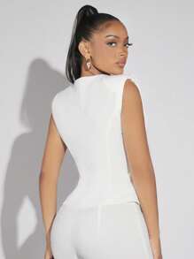 SHEIN SXY 前紐扣墊肩馬甲西裝外套 - 白色 - 查看 2