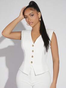 SHEIN SXY 前紐扣墊肩馬甲西裝外套 - 白色 - 查看 3