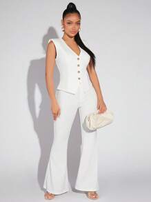 SHEIN SXY 前紐扣墊肩馬甲西裝外套 - 白色 - 查看 5