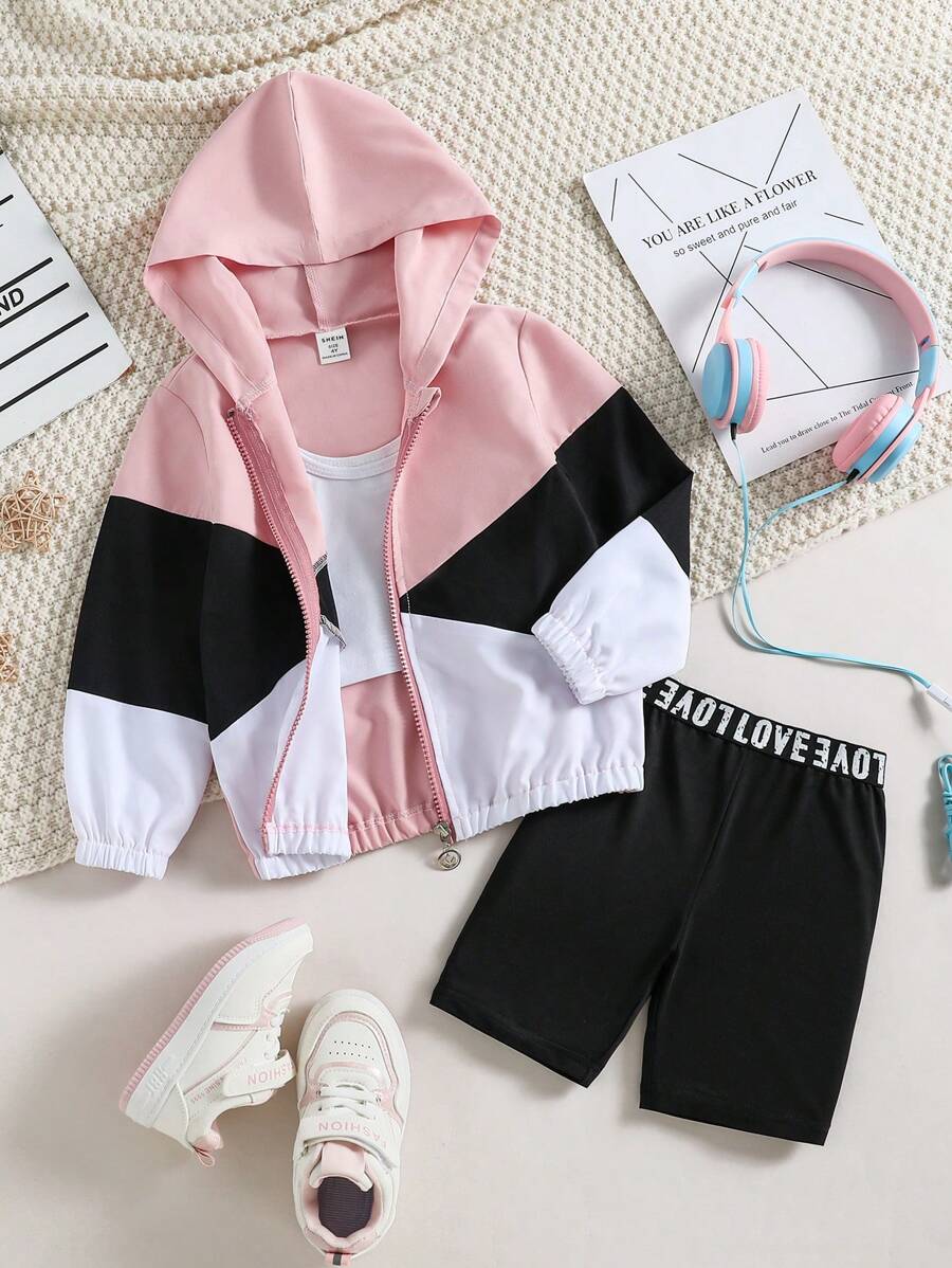 SHEIN 女小童撞色拉鏈開襟連帽夾克和字母圖案騎行褲和背心上衣 - 彩色 - 查看 1