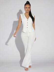 SHEIN SXY 前紐扣墊肩馬甲西裝外套 - 白色 - 查看 6