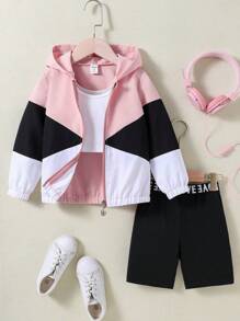 SHEIN 女小童撞色拉鏈開襟連帽夾克和字母圖案騎行褲和背心上衣 - 彩色 - 查看 8