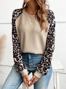 SHEIN LUNE Áo nỉ tay raglan in họa tiết da báo, áo nỉ chui đầu mùa thu. - Màu Khaki - Xem 4