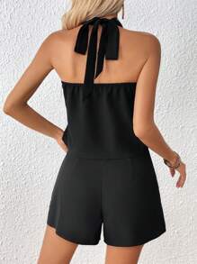 SHEIN VCAY 鎖眼領掛脖上衣和短褲 - 黑色 - 查看 2