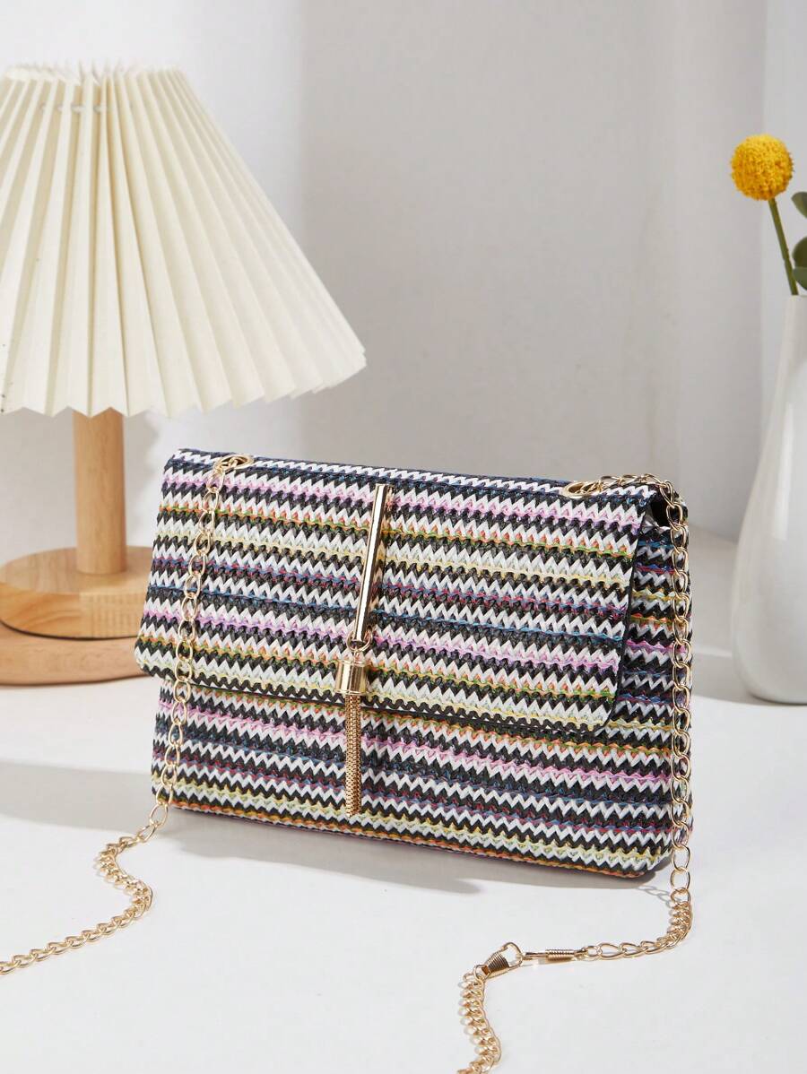 Sọc đầy màu sắc Mẫu & Tua Trang trí Đập nhẹ Dệt Cái túi - Nhiều màu - Xem 1