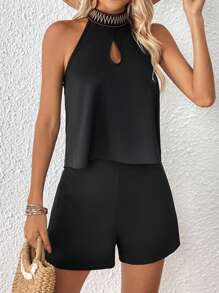 SHEIN VCAY 鎖眼領掛脖上衣和短褲 - 黑色 - 查看 3