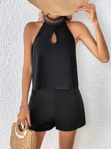 SHEIN VCAY 鎖眼領掛脖上衣和短褲 - 黑色 - 查看 4