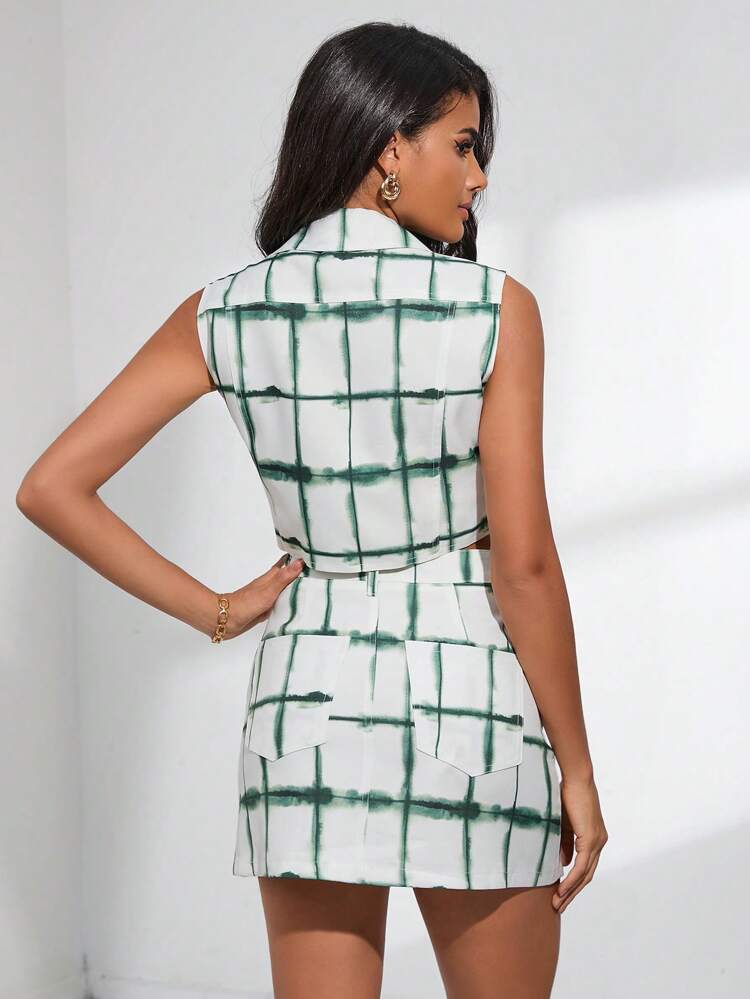 Plaid Print Flap Detail Crop Vest Jacket & Skirt