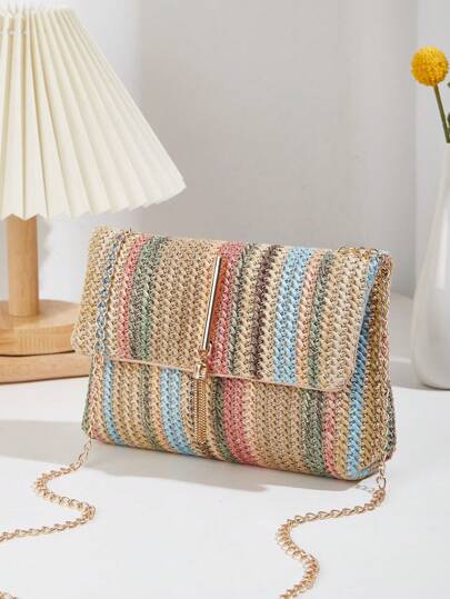 1 pieza Bolso de hombro cuadrado pequeño de mujer de estilo bohemio con diseño de cierre magnético tejido de contraste colorido, de lujo y nicho