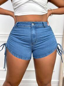 SHEIN SXY Plus Drawstring Side Denim Shorts - Medium Wash - View 3