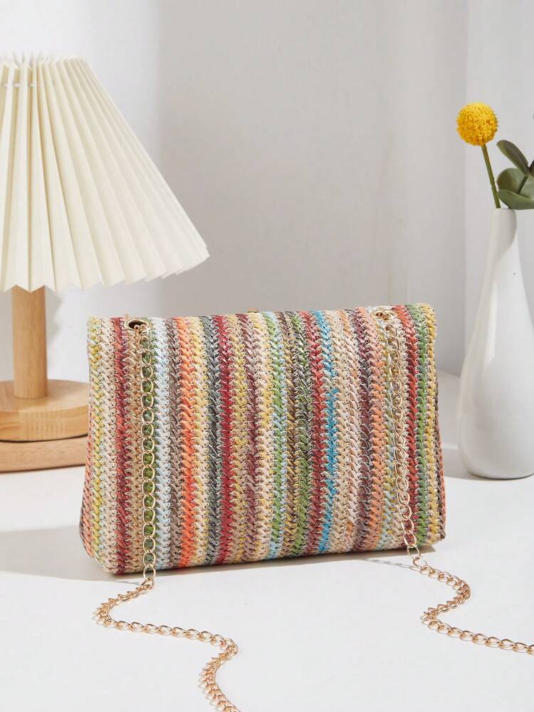 1pc Colorful Contrast Woven Magnetic Closure Bohemian Style Niche Luxury Women Diagonal Shoulder Square Bag, Travel Must Haves, Summer Straw Beach Bag For Women, Fashion Summer Vacation Bag, Beach Essentials Women Bags For Vacation & Holiday, Hottest Beach Bags , Bohemian Outfit For Women, Beach Bags