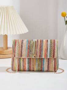 1 件彩色对比编织磁扣波西米亚风格小众奢华女士斜挎方形包 - 彩色 - 查看 5