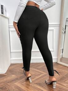 SHEIN SXY 高腰蕾絲側拉鍊緊身褲 - 黑色 - 查看 2