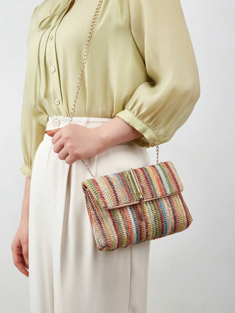 1pc Colorful Contrast Woven Magnetic Closure Bohemian Style Niche Luxury Women Diagonal Shoulder Square Bag, Travel Must Haves, Summer Straw Beach Bag For Women, Fashion Summer Vacation Bag, Beach Essentials Women Bags For Vacation & Holiday, Hottest Beach Bags , Bohemian Outfit For Women, Beach Bags