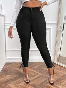 SHEIN SXY 高腰蕾絲側拉鍊緊身褲 - 黑色 - 查看 3