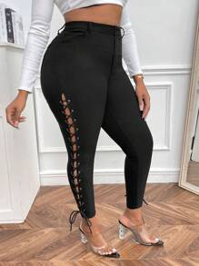 SHEIN SXY 高腰蕾絲側拉鍊緊身褲 - 黑色 - 查看 4
