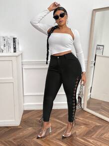 SHEIN SXY 高腰蕾絲側拉鍊緊身褲 - 黑色 - 查看 5