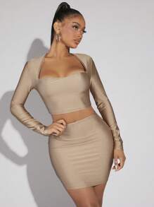 SHEIN SXY Solid Crop Tee & Bodycon Skirt - Apricot - View 4